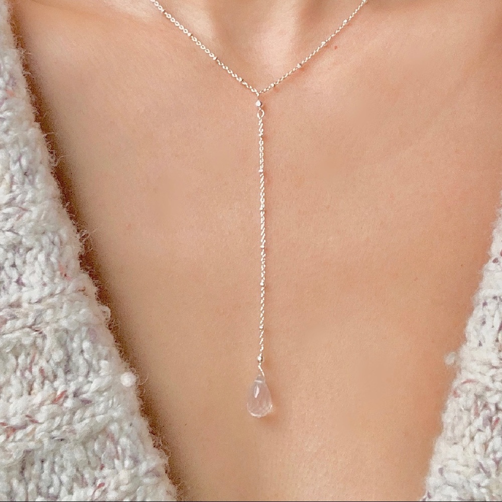 Rose Quartz Teardrop Lariat Y Necklace 925 SS